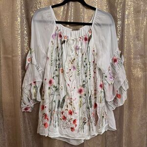 Beyond Capri White Floral Embroidered Silk Viscose Spring Blouse Large